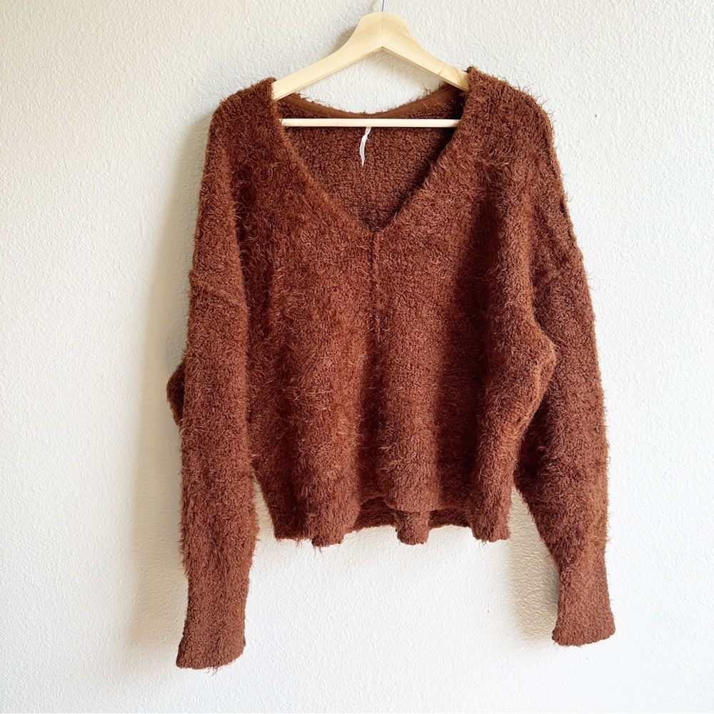 Free People Icing V-Neck Mocha Java Brown Oversized Sweater Size Small - Picture 4 of 11